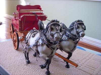 2 dapple grey Breyer Belgians w/ handmade cart & harness
